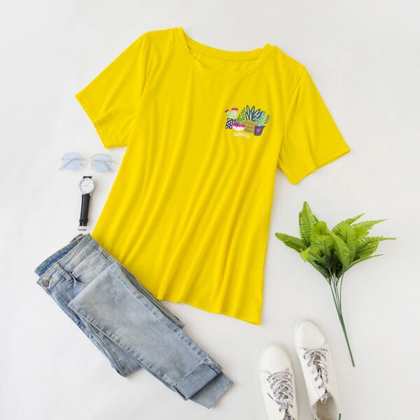 

Plus Cactus Print Short Sleeve Tee, Yellow neon
