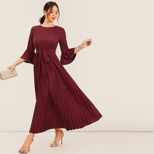 

Flounce Sleeve Pleated Hem Belted Dress, Burgundy