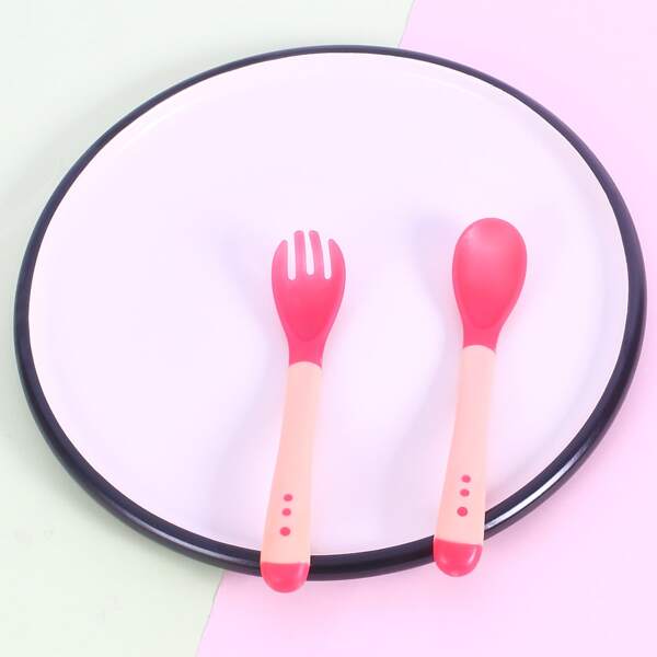 

1pc Baby Temperature Sensing Fork & Spoon, Pink