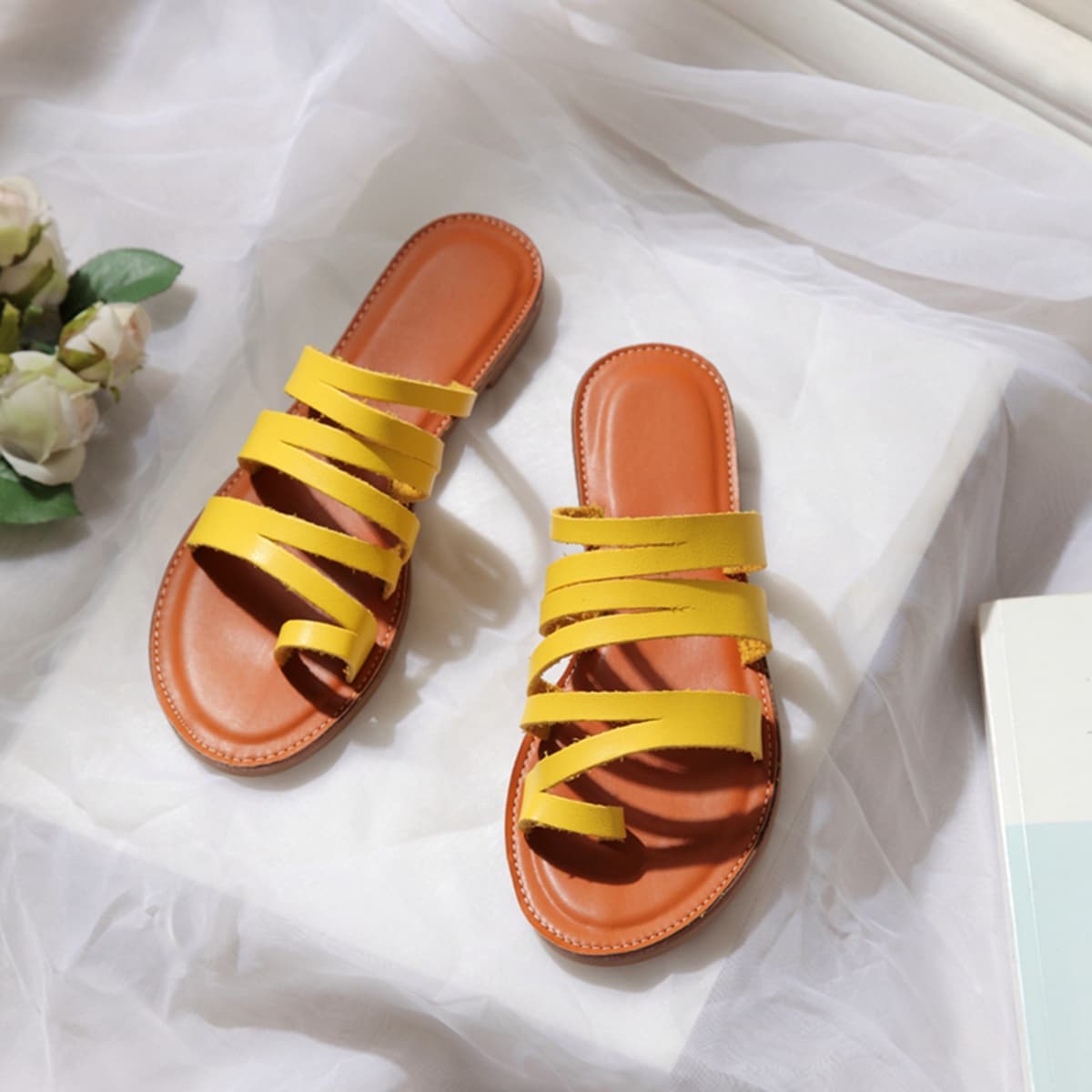 

Toe Loop Strappy Slide Sandals, Yellow