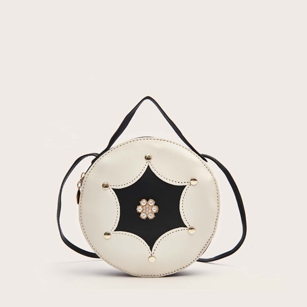 

Rhinestone Decor Colorblock Box Bag, Black and white
