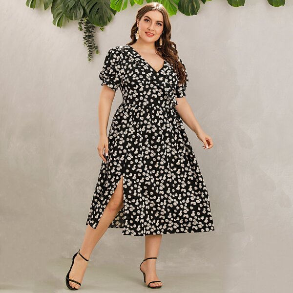 

Plus Allover Floral Print Ruffle Trim Split Dress, Multicolor