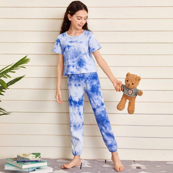 

Girls Tie Dye Print Pants PJ Set, Multicolor