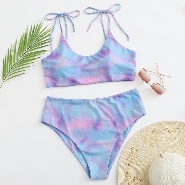 

Plus Tie Dye Tie Shoulder Bikini Swimsuit, Multicolor