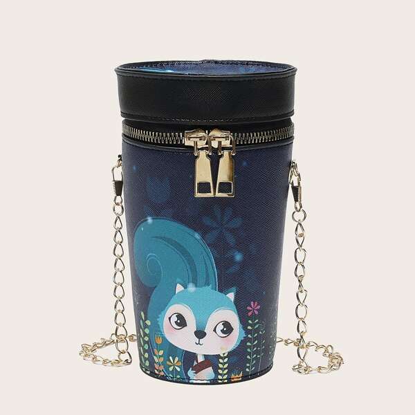 

Girls Cartoon Squirrel Print Chain Box Bag, Blue