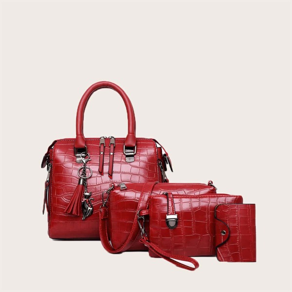 

4pcs Croc Embossed Bag Set, Red