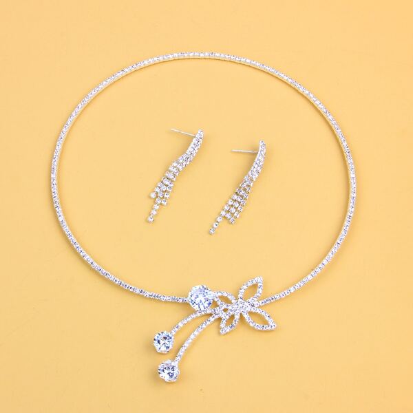 

3pcs Rhinestone Engraved Jewelry Set, Silver
