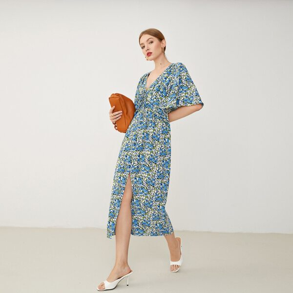 

Bell Sleeve Knot Front Split Thigh Blouson Floral Dress, Multicolor