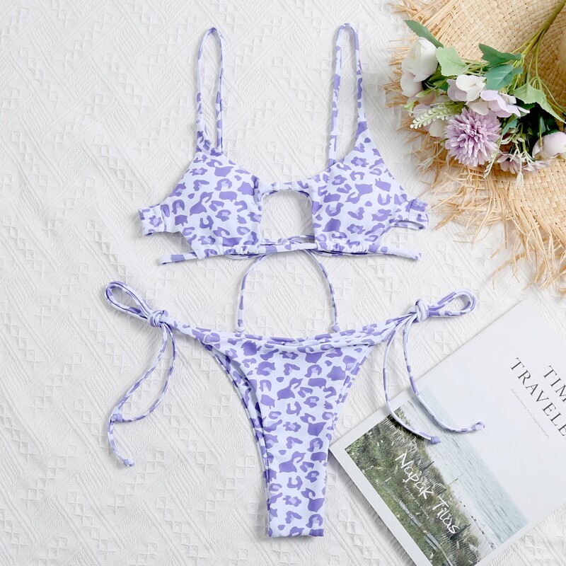 

Leopard Cut-out Tie Side Bikini Swimsuit, Pastel lilac purple