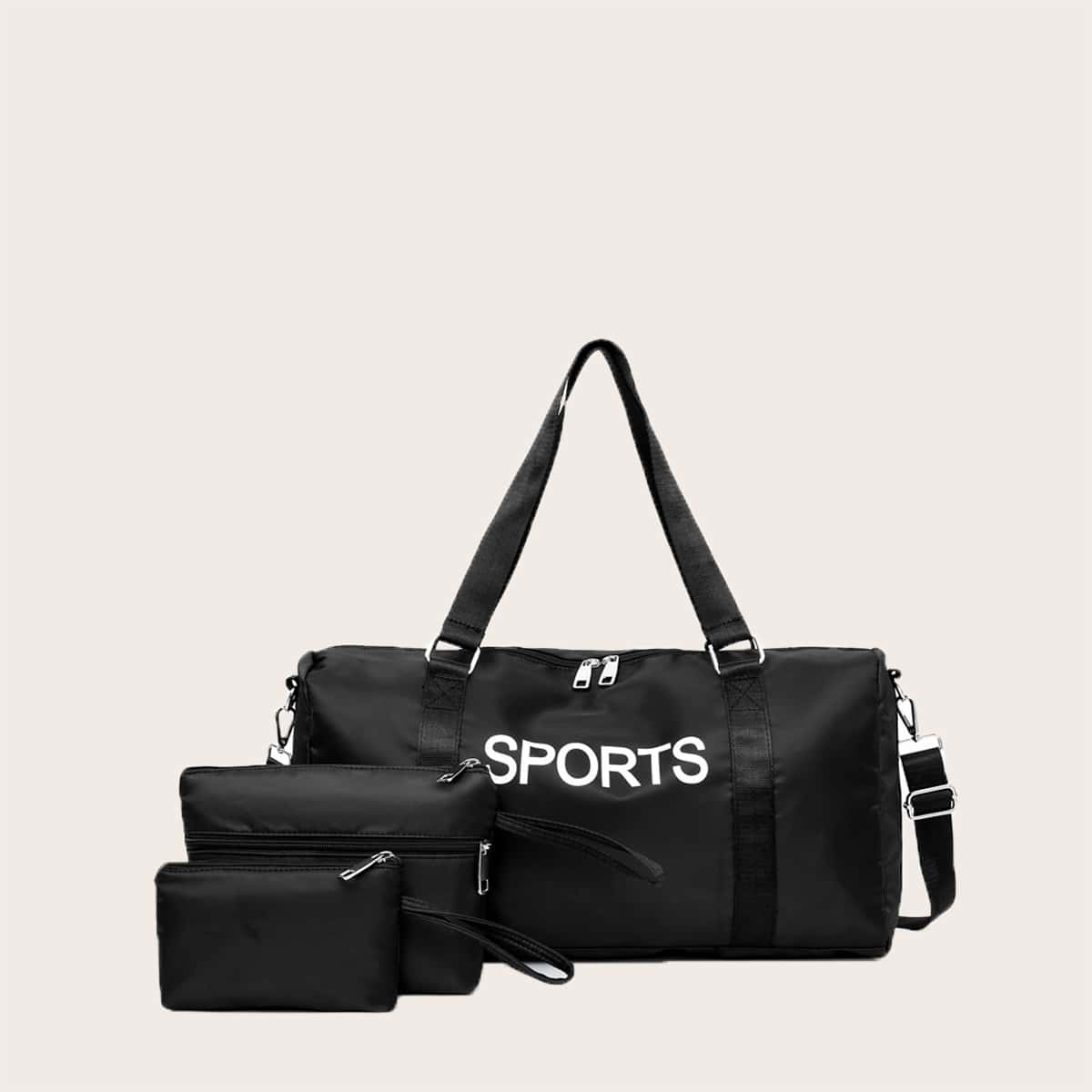 

3pcs Letter Graphic Barrel Bag With Clutch, Black