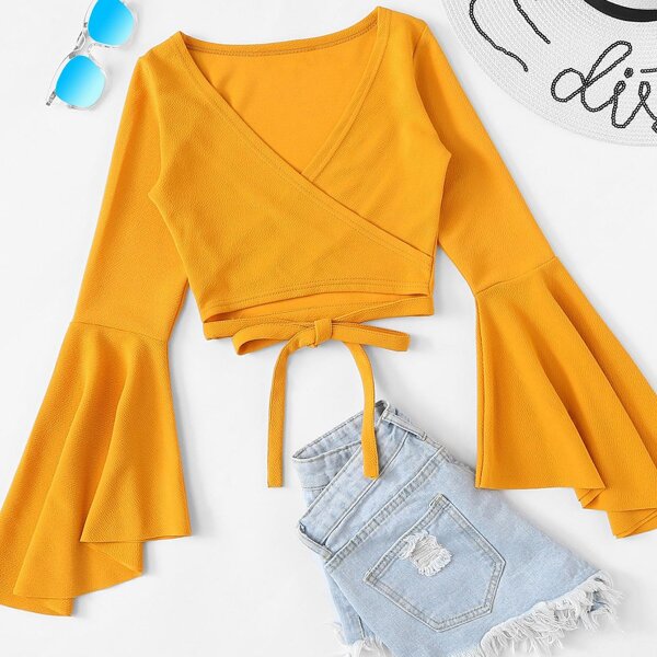 

Plus Surplice Neck Tie Front Blouse, Yellow bright