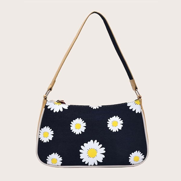 

Daisy Floral Graphic Baguette Bag, Black