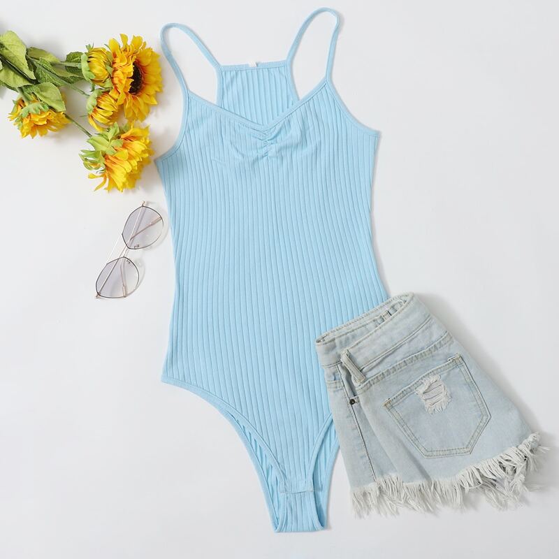 

Solid Ruched Front Cami Bodysuit, Baby blue