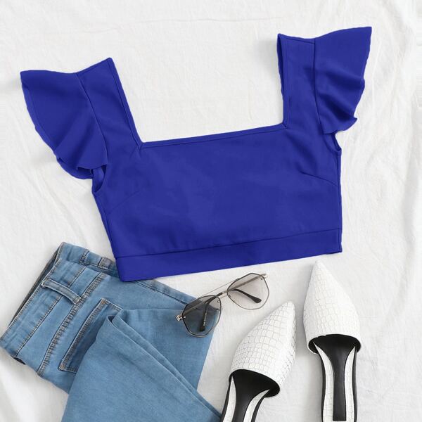 

Square Neck Knot Open Back Ruffle Trim Crop Top, Royal blue