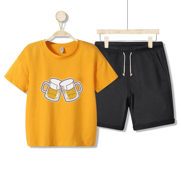 

Boys Graphic Print Tee With Drawstring Shorts, Multicolor