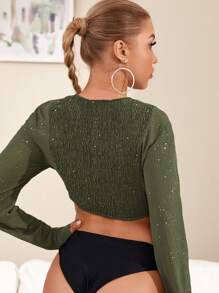 SHEIN Unity Twist Front Shirred Back Glitter Crop Top - Army Green - View 2