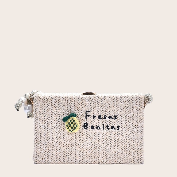 

Letter Embroidery Braided Box Bag, Beige