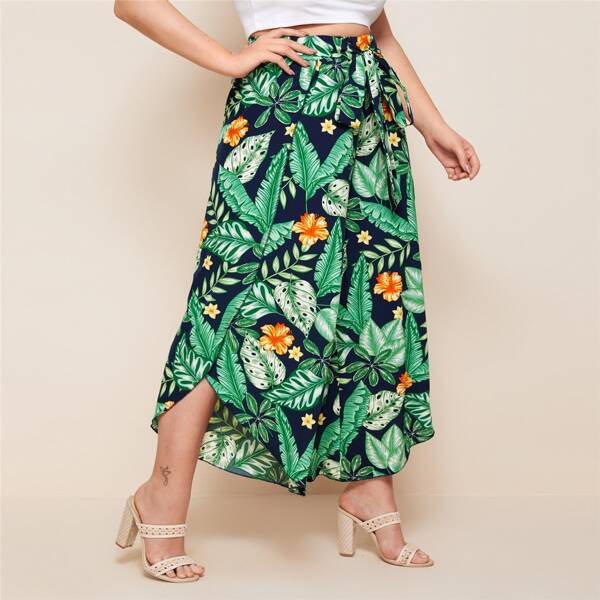

Plus Tie Front Tropical Print Tulip Hem Pants, Multicolor
