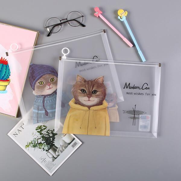 

1pc Cartoon Cat Print Random File Pocket, Clear