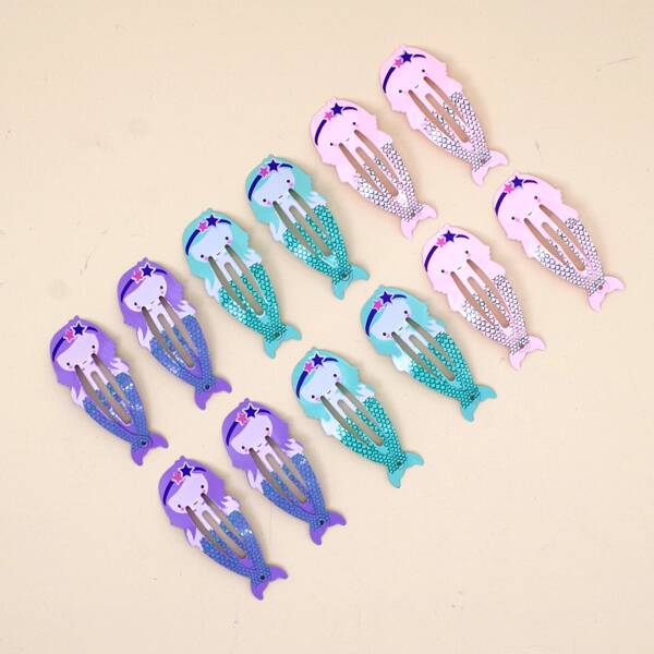 

12pcs Girls Mermaid Shaped Hair Clip, Multicolor