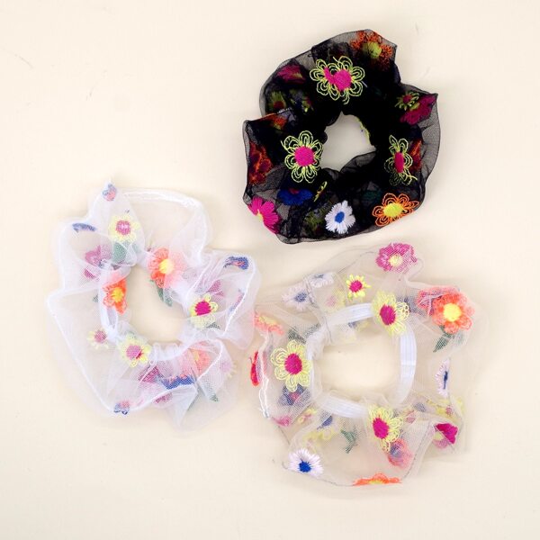 

3pcs Girls Flower Mesh Scrunchie, Multicolor