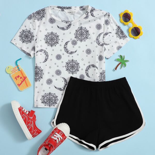 

Girls Galaxy Print Top & Dolphin Shorts PJ Set, Black and white
