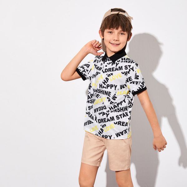 

Boys Allover Letter Graphic Polo Shirt, Black and white