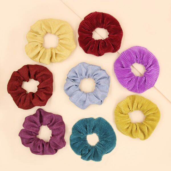 

8pcs Plain Pleated Scrunchie, Multicolor
