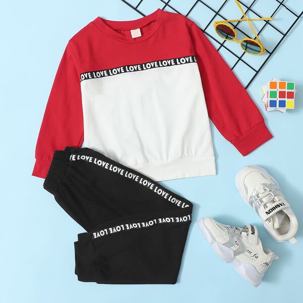 

Toddler Boys Colorblock Sweatshirt With Letter Tape Sweatpants, Black and white