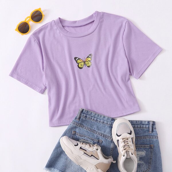 

Plus Butterfly Print Ribbed Crop Tee, Lilac purple