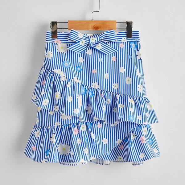 

Girls Knot Waist Ruffle Hem Striped & Floral Skirt, Blue and white