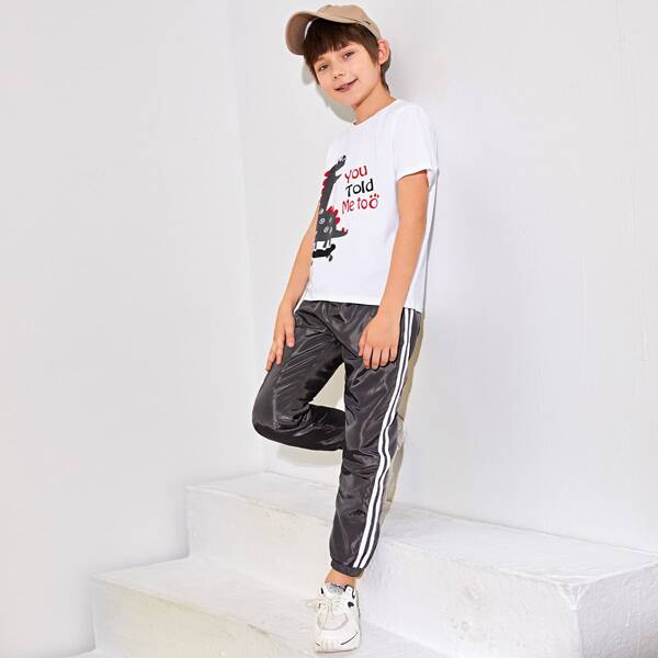 

Boys Cartoon Graphic Top & Striped Tape Joggers Set, Black and white