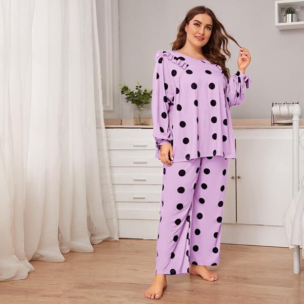 

Plus Ruffle Trim Knot Cuff Polka Dot Top & Pants PJ Set, Lilac purple