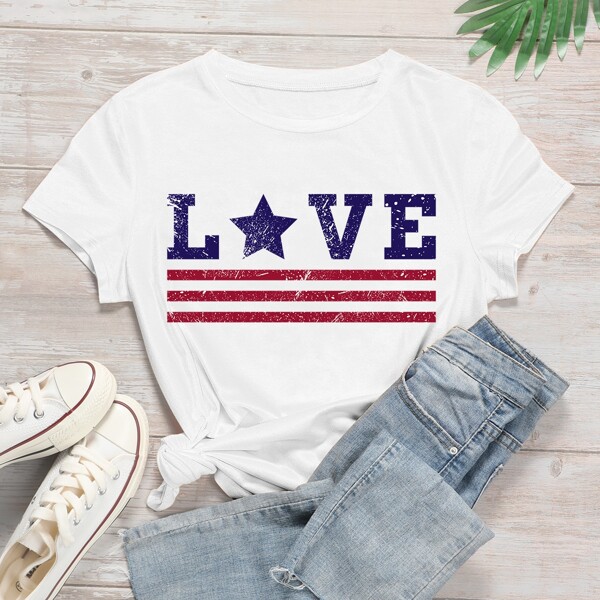 

Letter And Striped Round Neck Tee, White