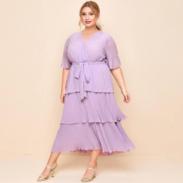 

Plus Surplice Neck Flounce Sleeve Layered Plisse Hem Dress, Lilac purple