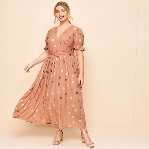 

Plus Ruched Bust O-ring Belted Gold Dot Print Dress, Coral orange