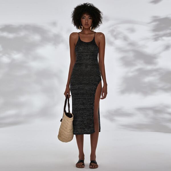 

Lace-up Open Back High Split Side Marled Cover Up Dress, Dark grey