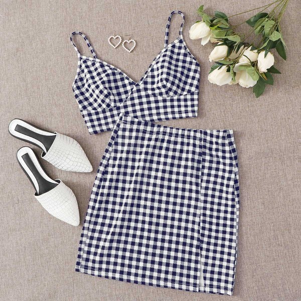

Gingham Bustier Crop Cami Top & Split Hem Skirt Set, Blue and white