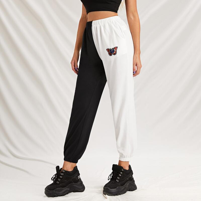 

Butterfly Patched Spliced Two Tone Sweatpants, Black and white