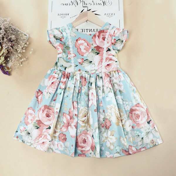 

Toddler Girls Floral Print Lace Trim Dress, Multicolor