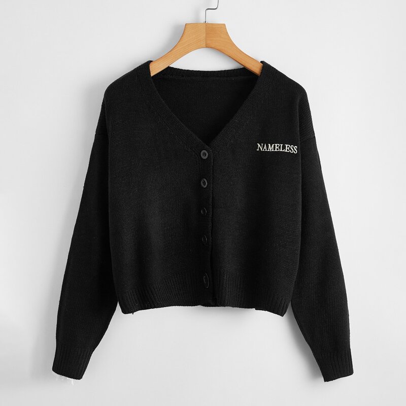 

Letter Graphic Button Front Cardigan, Black
