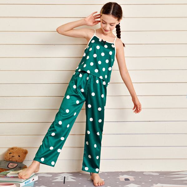 

Girls Polka Dot Bow Front Cami PJ Set, Dark green