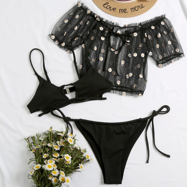 

3pack Cut-out Tie Side Bikini Swimsuit & Mesh Top, Black