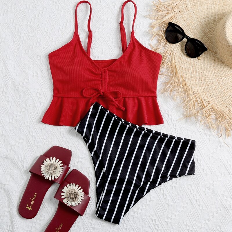 

Striped Ruffle Hem High Waisted Bikini Swimsuit, Multicolor