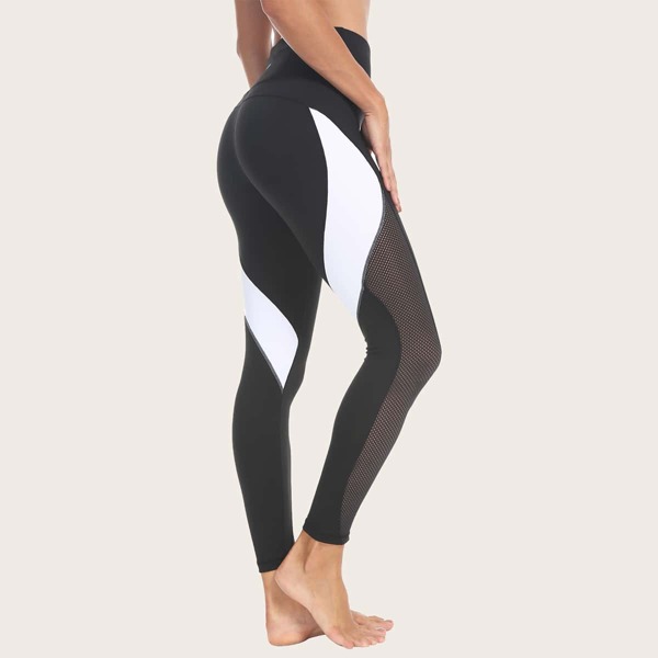 

Wide Waistband Fishnet Mesh Insert Stitch Detail Sports Leggings, Black