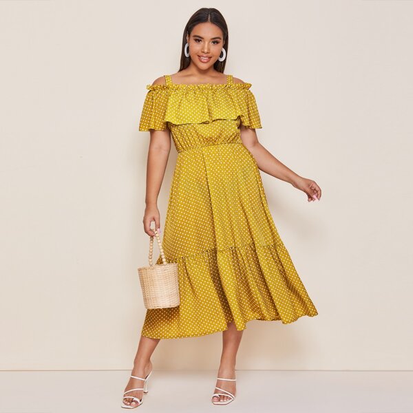 

Plus Cold Shoulder Polka Dot Dress, Mustard yellow