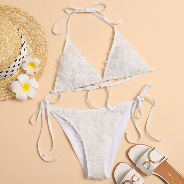 

Fake Feather Triangle Halter Tie Side Bikini Swimsuit, White