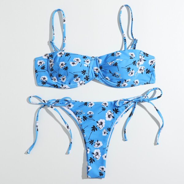 

Floral Underwire Tie Side Bikini Swimsuit, Blue