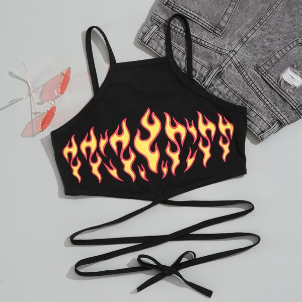 

Fire Print Crisscross Knot Cami Top, Black