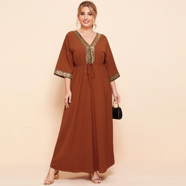 

Plus Embroidered Baroque Tape Tie Front Dress, Rust brown
